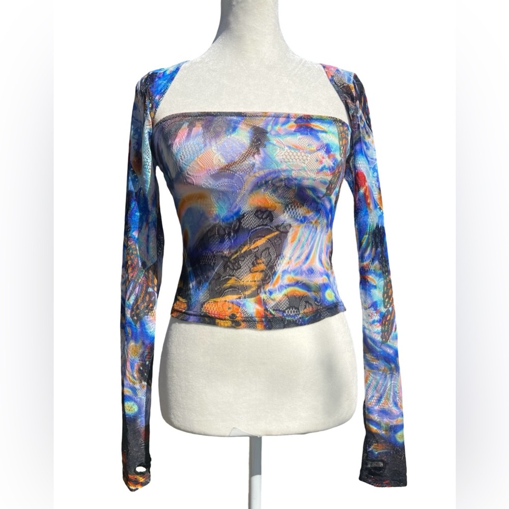 WHITE FOX Mesh Butterfly Tube Top & Sleeves Sz M Psychedelic Y2K Rave Club Party